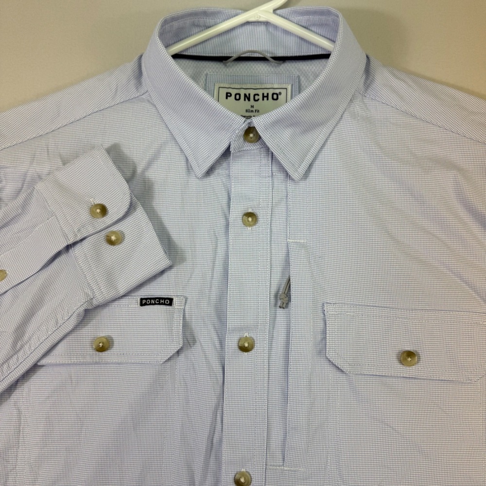 Poncho Shirt Mens Medium Blue Check Slim Fit Magnetic Pockets Vented Fishing EUC